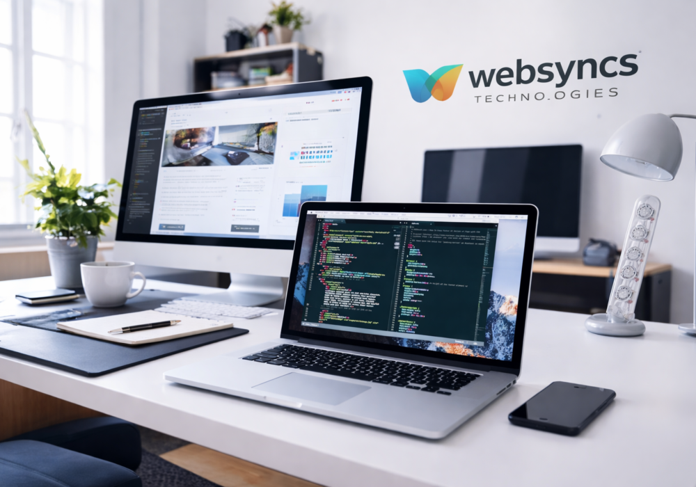 Professional web development workspace with modern coding environment and responsive website design