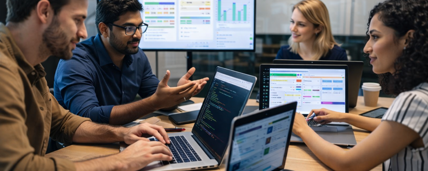 Agile software development team collaborating in a modern workspace