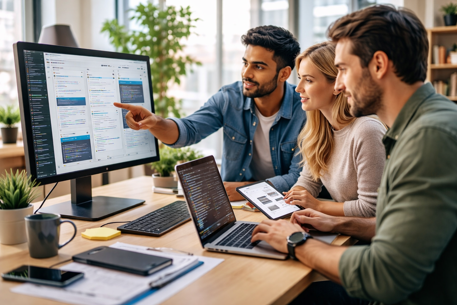 Software development team collaborating in a modern workspace
