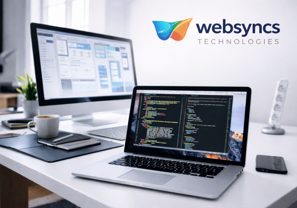 Modern web development workspace showcasing coding and UI design by Websyncs Technologies